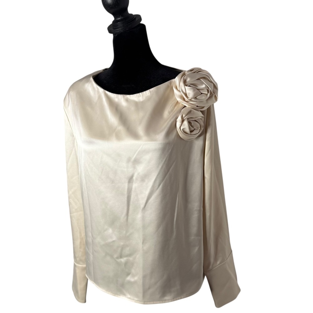 & Other Stories Satin Blouse Rose Appliqué Top Size 4 Coquette Romantic Feminine